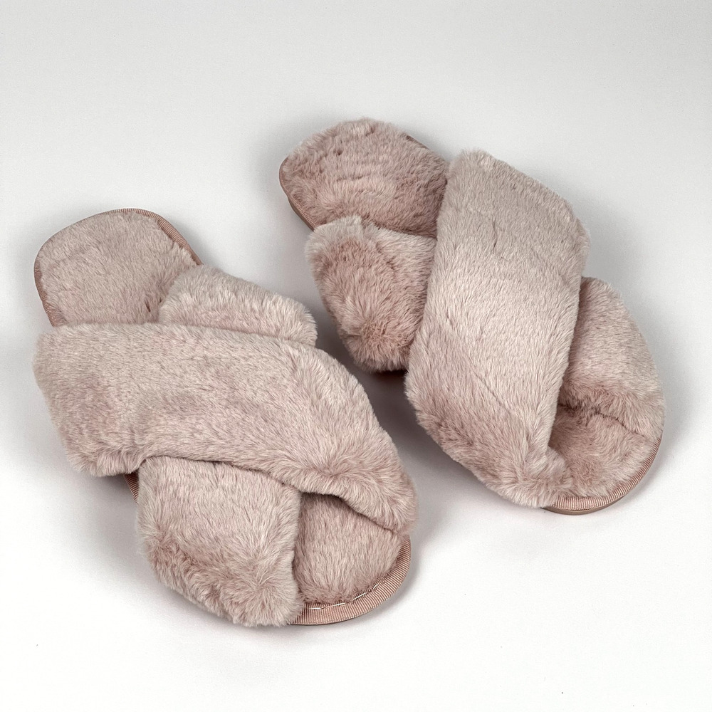 Women’s Plush Cross Band Slippers Beige Pink Size 9